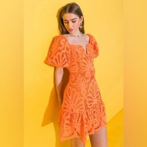 NWOT Flying Tomato Neon Orange Puff Sleeve Notch Neck Lace Dress